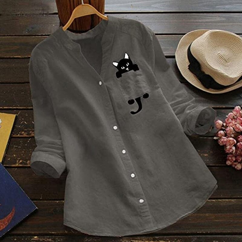 Damenbluse | Baumwollbluse mit V-Ausschnitt und Katzenprint