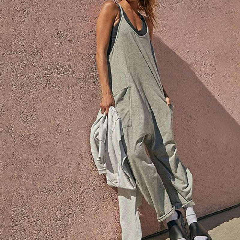 Damen Jumpsuit V-Ausschnitt mit Taschen | Lockerer, leichter Overall einfarbig | Alltag, Urlaub &amp; City | Gr. S–4XL