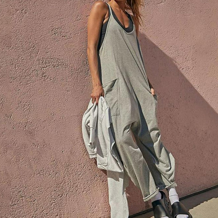 Damen Jumpsuit V-Ausschnitt mit Taschen | Lockerer, leichter Overall einfarbig | Alltag, Urlaub &amp; City | Gr. S–4XL