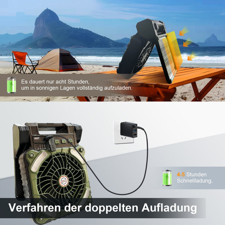 Portable solar camping fan | LED light &amp; 20800 mAh power bank | Sun breeze