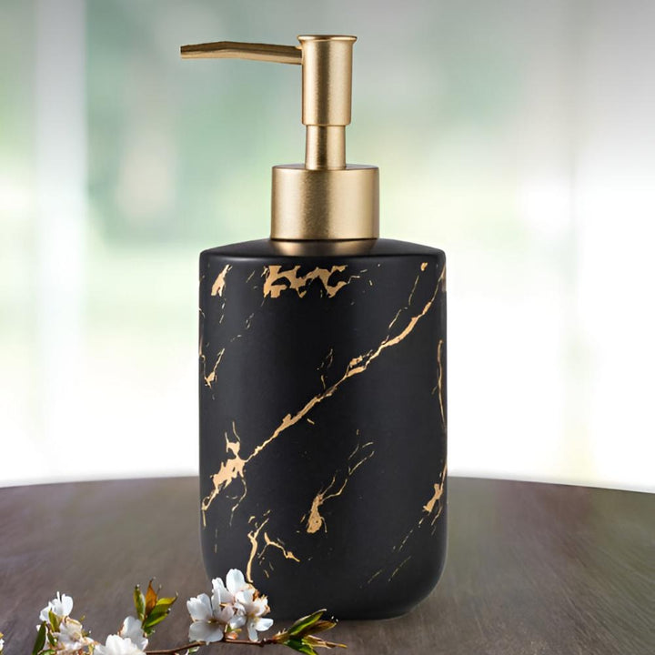 Distributeur de savon de luxe en céramique | Aspect marbre &amp; accents dorés | 400 ml, élégant pour salle de bain &amp; cuisine