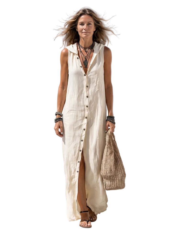 Damen Maxikleid mit Kapuze &amp; Knopfleiste | Ärmelloses Freizeitkleid in Maxi-Länge | Luftiges Sommerkleid