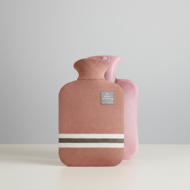 Wärmflasche 2 Liter mit Strickbezug | 25,5 × 15,5 cm Wärmflasche aus PVC mit 6–8 Std. Wärmespeicherung und großer Öffnung
