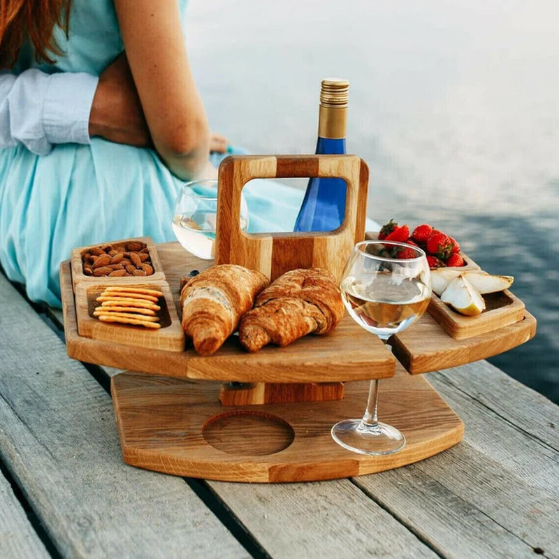 Table en bois pour pique-nique &amp; vin | Place pour bouteille, 2 verres &amp; snacks | Bois massif avec poignée | compact pour emporter