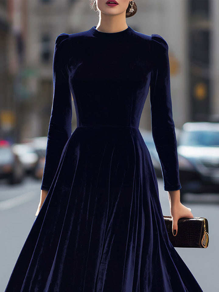 Damen Midikleid | Elegantes Langarmkleid mit tailliertem Oberteil, fließendem Rock und Schulterdetails für festliche Anlässe