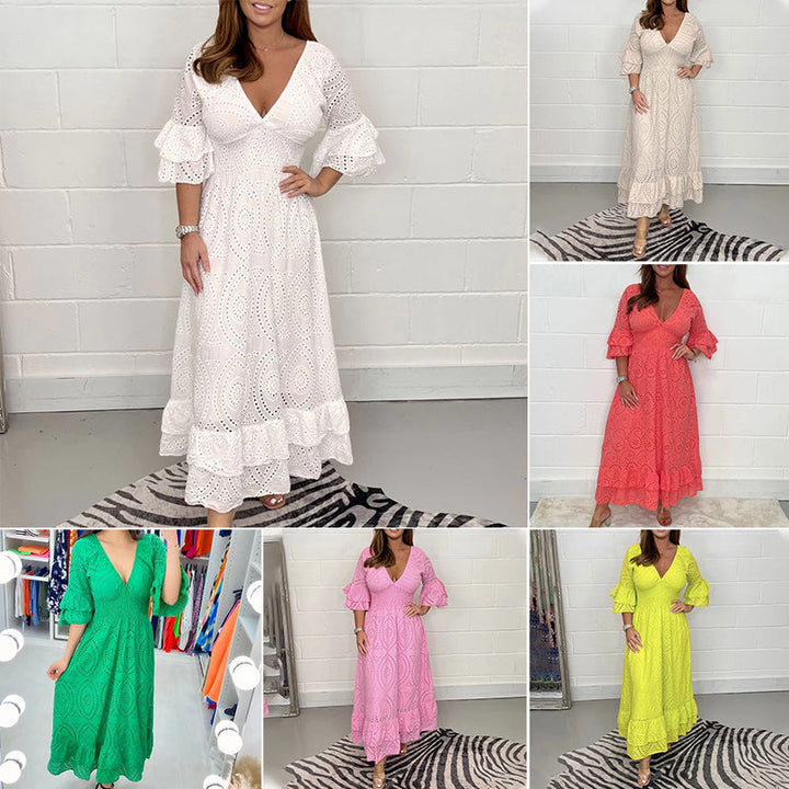 Damen Midikleid V-Ausschnitt mit hoher Taille | Bestickte Ärmel, elastischer Bund | Luftig aus Baumwolle | Elegant &amp; Alltag