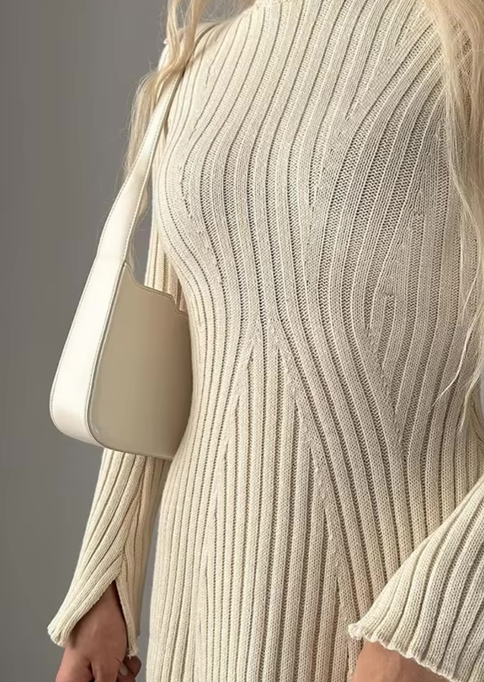 Damen Rippstrickkleid langarm | Figurbetontes Midi-Strickkleid mit Rundhals und leichtem Stretch für Herbst und Winter