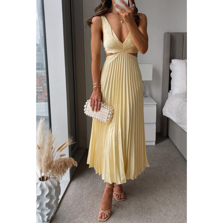 Pleated Midi Dress with V-neck &amp; Waist Cutouts | Sleeveless, Regular Fit | Elegant Dress for Events &amp; Evenings