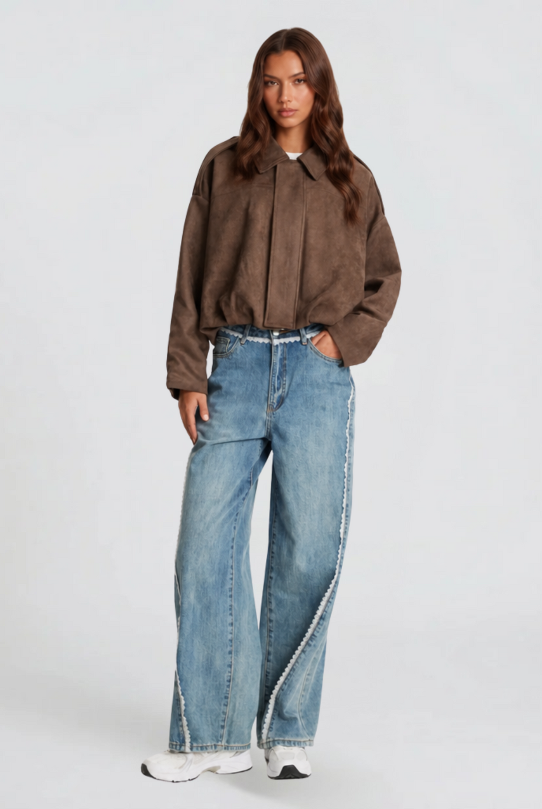 Damen kurze Oversize-Jacke mit Umlegekragen | Kastige Jacke mit Reißverschluss, weiten Ärmeln und matt gebürsteter Oberfläche