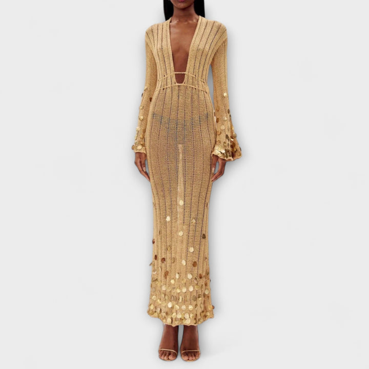 Damen Strick Maxikleid in Gold | Elegantes langes Kleid mit tiefem Ausschnitt, verstellbarer Taille und Paillettenärmeln für festliche Anlässe