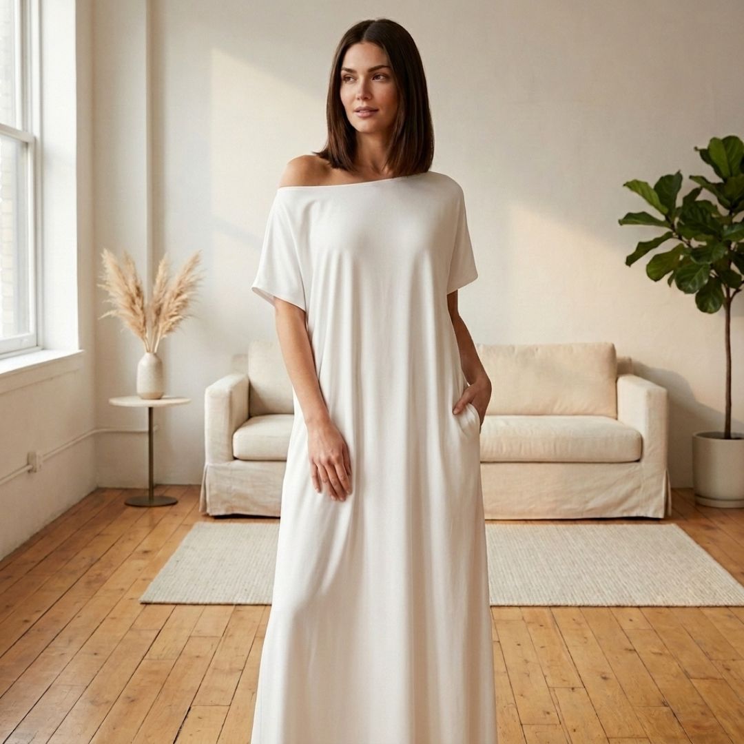 Off-shoulder maxi dress with pockets | Loose and airy | Summer dress with wide neckline S–2XL