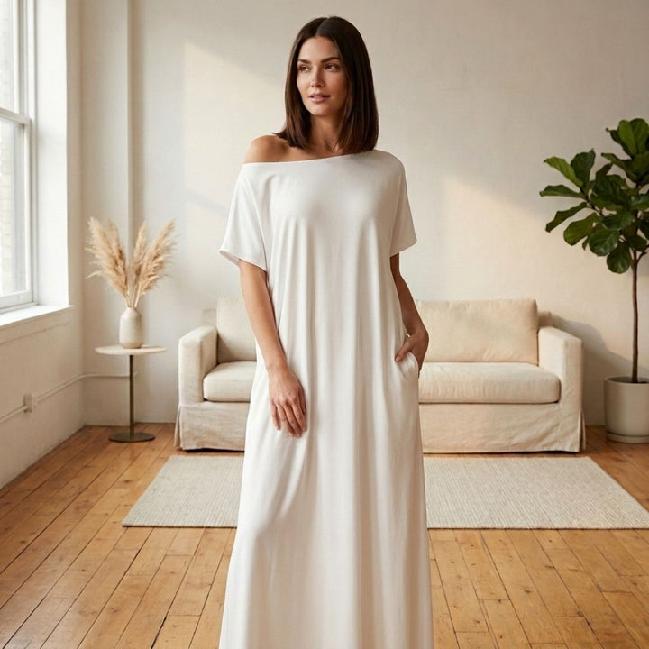 Off-shoulder maxi dress with pockets | Loose and airy | Summer dress with wide neckline S–2XL