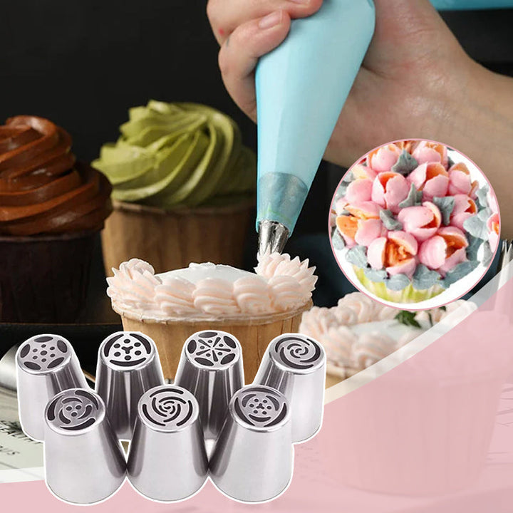 Spritztüllen-Set für Tortendekoration | 7 Edelstahl-Blumentüllen für Buttercreme &amp; Frosting | Perfekte Blumen in Sekunden