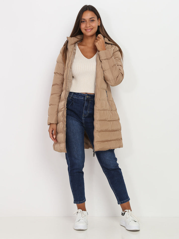 Damen Daunen Winterjacke mit Kapuze | Langer Schnitt mit durchgehendem Reißverschluss für vielseitige Winterlooks