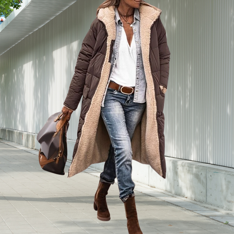 Damen Winterjacke lang mit Kapuze | Wattierte lange Jacke mit Reißverschluss und Seitentaschen für Alltag und kalte Tage