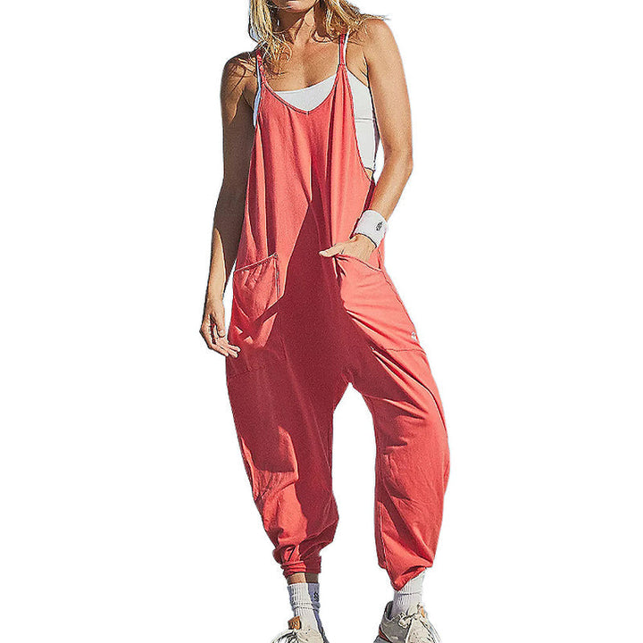 Damen Jumpsuit V-Ausschnitt mit Taschen | Lockerer, leichter Overall einfarbig | Alltag, Urlaub &amp; City | Gr. S–4XL