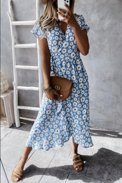 Damen Midikleid mit Gänseblümchenmuster | A-Linie &amp; herzförmiger Ausschnitt | Leichtes Material für Sommer &amp; Events