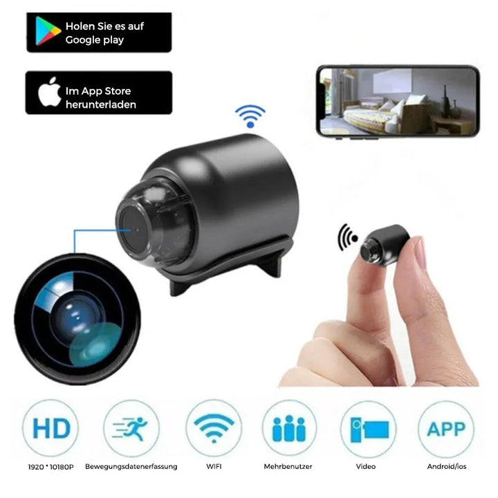 Mini caméra intérieure Wi-Fi 1080p avec vision nocturne | Détection de mouvement &amp; alertes push | Visualisation en direct via app avec audio | microSD 64 Go incluse