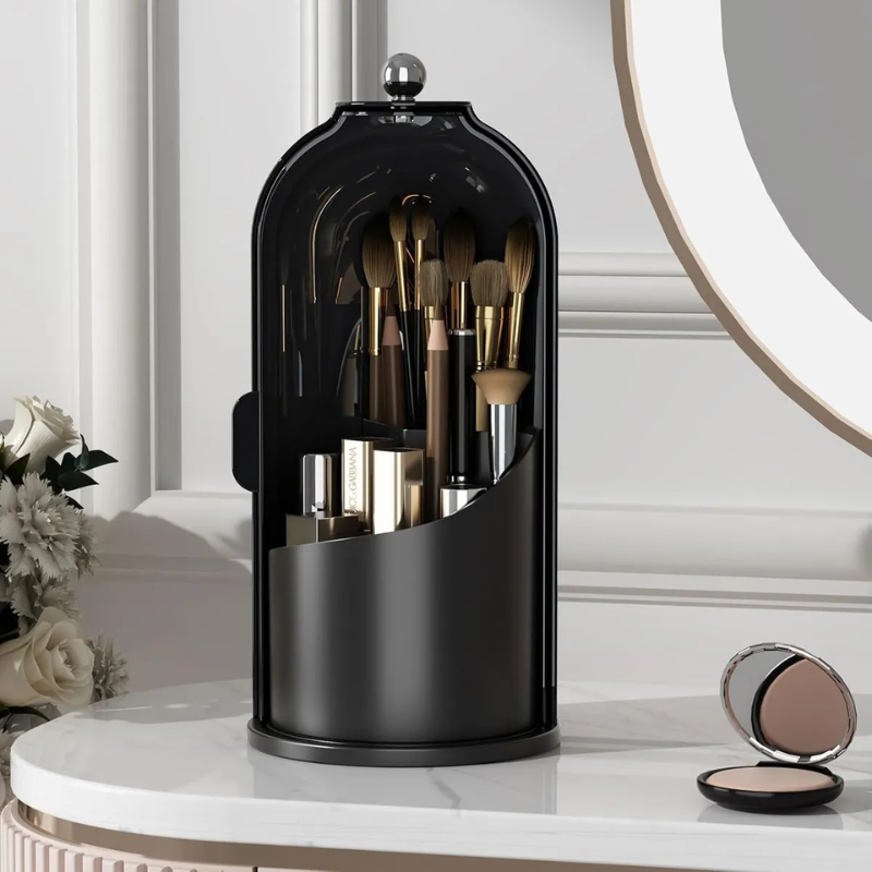 360° Drehbarer Bad Organizer mit Staubschutzdeckel | Kosmetik- &amp; Zahnbürstenhalter mit 3 Fächern | Badezimmer Aufbewahrung 27 × 13 × 27 cm