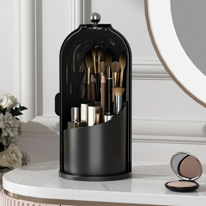 360° Drehbarer Bad Organizer mit Staubschutzdeckel | Kosmetik- &amp; Zahnbürstenhalter mit 3 Fächern | Badezimmer Aufbewahrung 27 × 13 × 27 cm