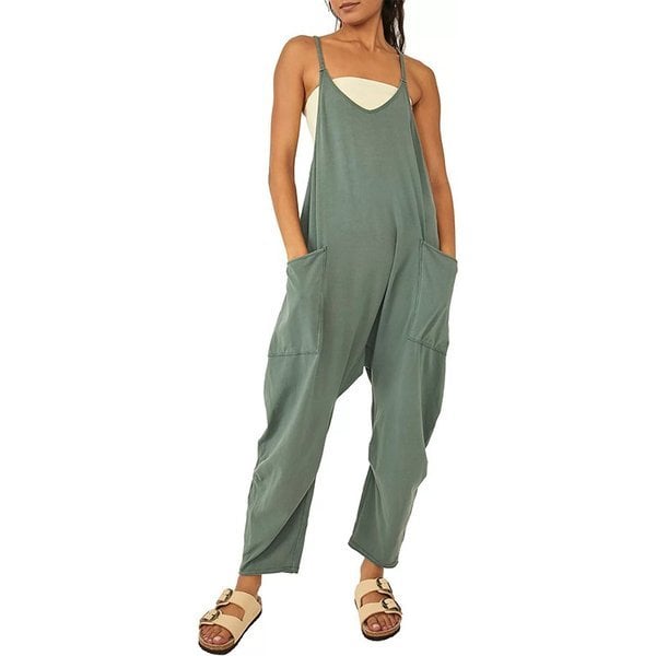 Damen Jumpsuit ärmellos aus Baumwollmix | U-Ausschnitt &amp; rückenfrei | Weites Bein, Taschen, Pull-On | Bequem &amp; luftig