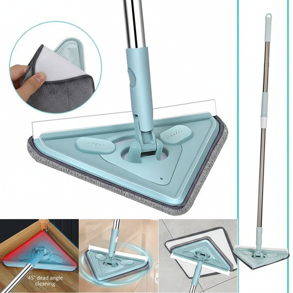 Mocio rotante a 360° con testa triangolare (26 cm) – VortiClean per angoli, bordi e finestre | Manico lungo, robusto | Tempo di pulizia dimezzato