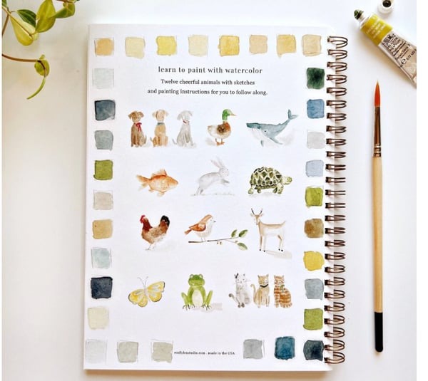 Cahier de travail aquarelle pour débutants | 12 motifs avec guide étape par étape | Papier 120 lb, 6,5"×9", mélange et peinture