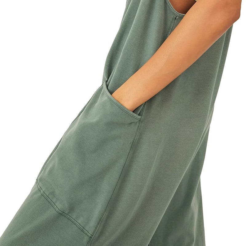 Damen Jumpsuit ärmellos aus Baumwollmix | U-Ausschnitt &amp; rückenfrei | Weites Bein, Taschen, Pull-On | Bequem &amp; luftig