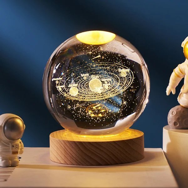 Boule de cristal 3D système solaire | Gravure laser | Option avec base lumineuse LED et boîte cadeau