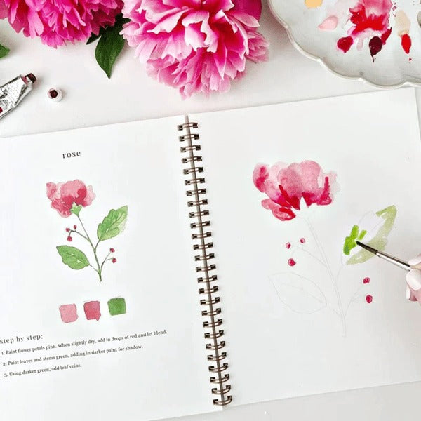Cahier de travail aquarelle pour débutants | 12 motifs avec guide étape par étape | Papier 120 lb, 6,5"×9", mélange et peinture