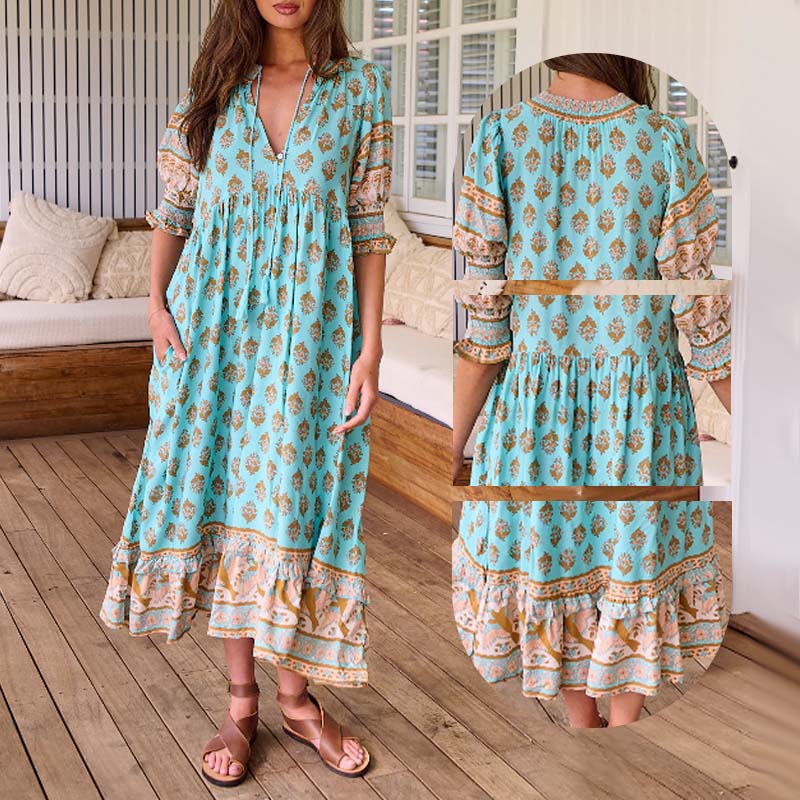 Boho-kukkakuvioinen mekko V-kaula-aukolla | Korkea vyötärö &amp; A-linjainen leikkaus | Hengittävä &amp; liehuva