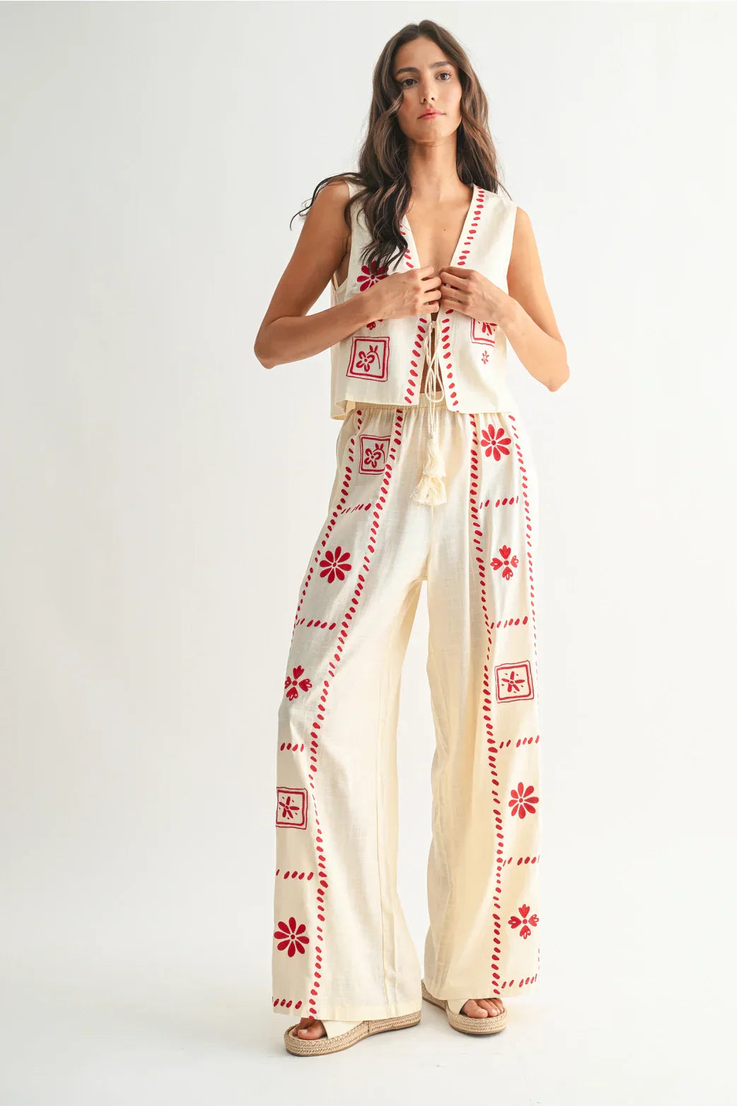 Damen Zweiteiler Leinen-Set mit Stickerei | Ärmellose Weste &amp; Weite Hose | Luftiges Sommer-Set | Boho Stil
