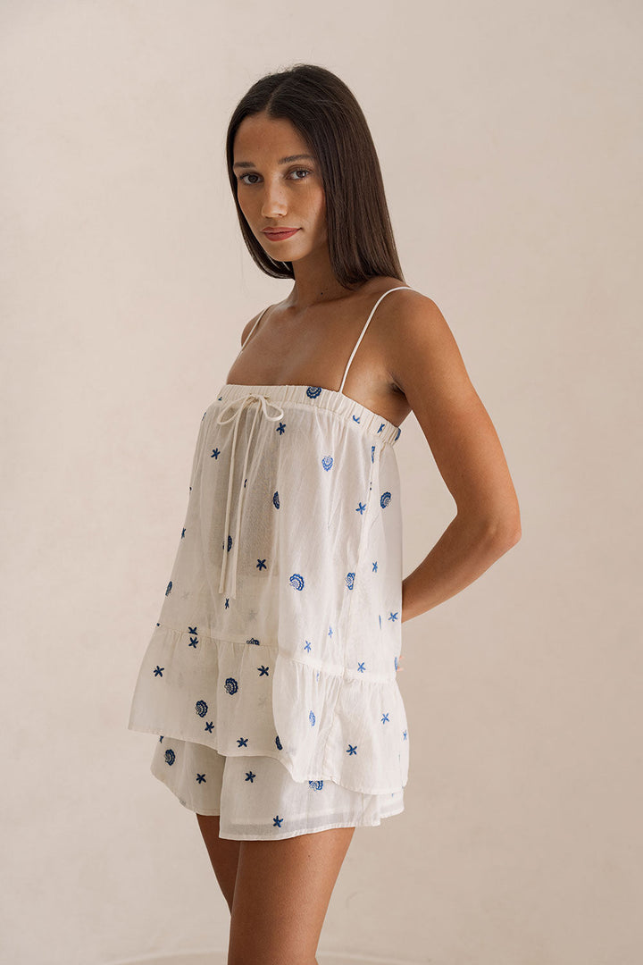 Damen Zweiteiler mit Stickerei | Cami Top &amp; Shorts | Luftiges Sommer-Set Coastal Charm