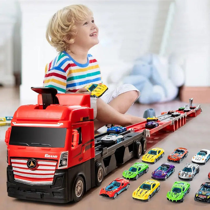 2-in-1 Autotransporter &amp; Rennstrecke | Platz für 24+ Spielzeugautos | Mehrstöckig, robust &amp; kinderfreundlich | Ab 2 Jahren