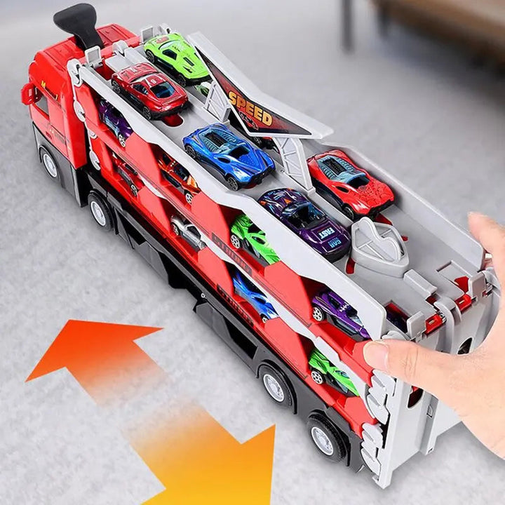 2-in-1 Autotransporter &amp; Rennstrecke | Platz für 24+ Spielzeugautos | Mehrstöckig, robust &amp; kinderfreundlich | Ab 2 Jahren