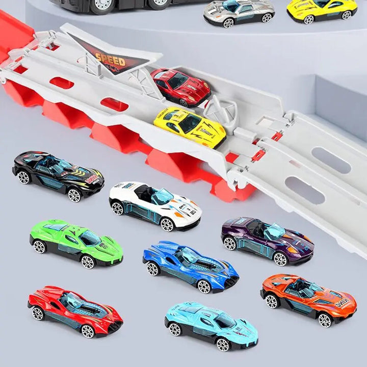 2-in-1 Autotransporter &amp; Rennstrecke | Platz für 24+ Spielzeugautos | Mehrstöckig, robust &amp; kinderfreundlich | Ab 2 Jahren