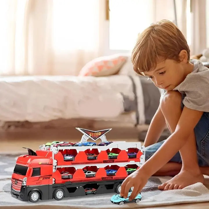 2-in-1 Autotransporter &amp; Rennstrecke | Platz für 24+ Spielzeugautos | Mehrstöckig, robust &amp; kinderfreundlich | Ab 2 Jahren