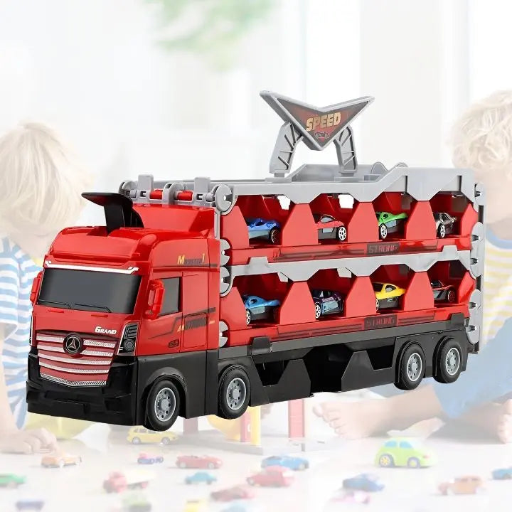 2-in-1 Autotransporter &amp; Rennstrecke | Platz für 24+ Spielzeugautos | Mehrstöckig, robust &amp; kinderfreundlich | Ab 2 Jahren
