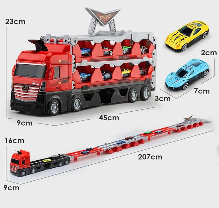 2-in-1 Autotransporter &amp; Rennstrecke | Platz für 24+ Spielzeugautos | Mehrstöckig, robust &amp; kinderfreundlich | Ab 2 Jahren
