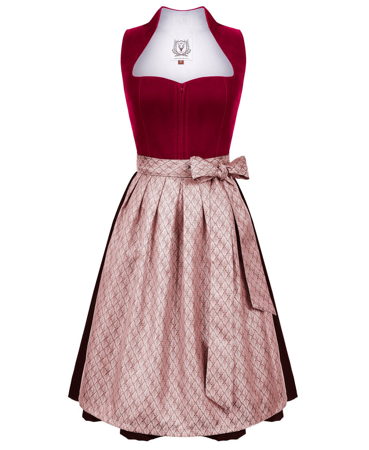 Dirndl Midi Damen | Rotes Samtdirndl mit Plissee-Schürze für Oktoberfest, Volksfest und festliche Anlässe