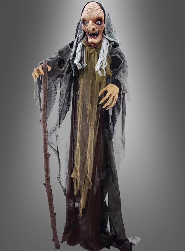 Animatronic Hexenfigur 160 cm | Lebensgroße Halloween Deko mit Bewegung, leuchtenden Augen, Sound und Geräuschsensor