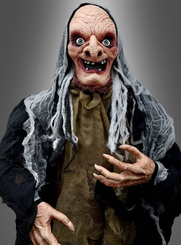 Animatronic Hexenfigur 160 cm | Lebensgroße Halloween Deko mit Bewegung, leuchtenden Augen, Sound und Geräuschsensor