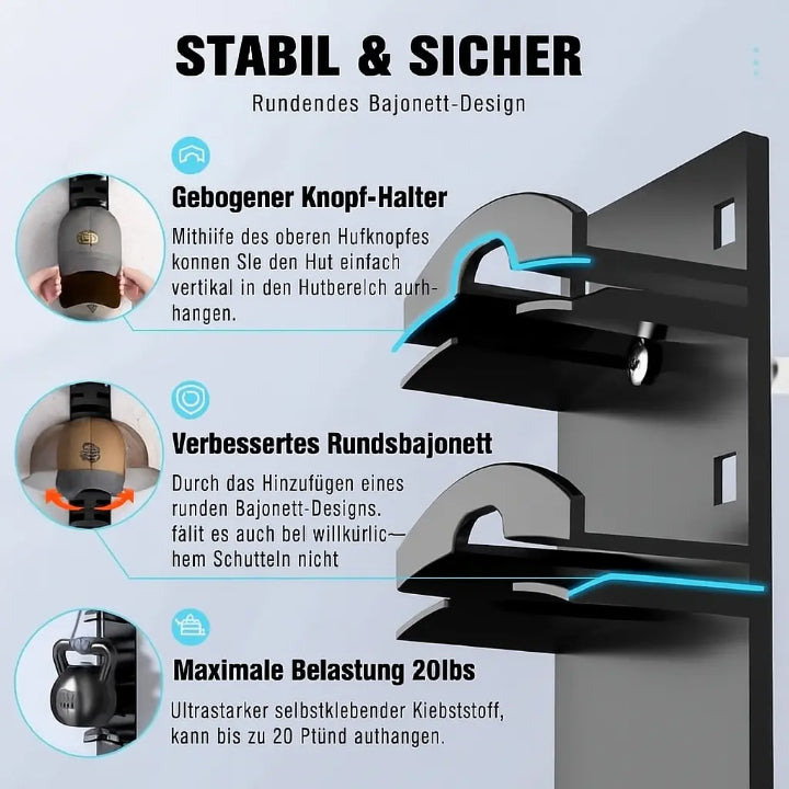 Cap Organizer Wandhalter für bis zu 10 Caps | Selbstklebender Kappenhalter ohne Bohren | Platzsparende Aufbewahrung | Schwarzes Design