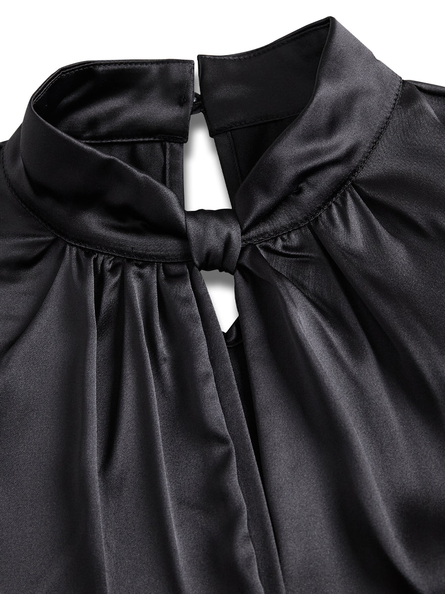 Damen Satinbluse | Elegante Kurzarmbluse mit Schlüssellochausschnitt, hochgeschlossenem Kragen und Knotenakzent für Büro und Abendlooks