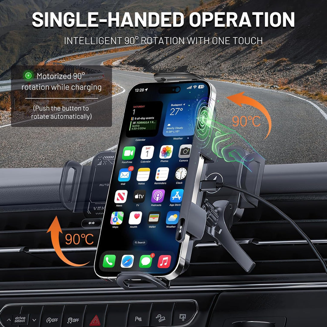 Auto Handyhalterung mit 15W Wireless Charging | Automatische Klemmung &amp; 90° Rotation | Lüftungsgitter-Halterung für Smartphones
