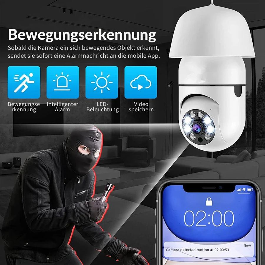 E27 360° panorama security camera | 1080P HD + night mode | 2-way audio &amp; motion alarm | indoor Wi-Fi camera