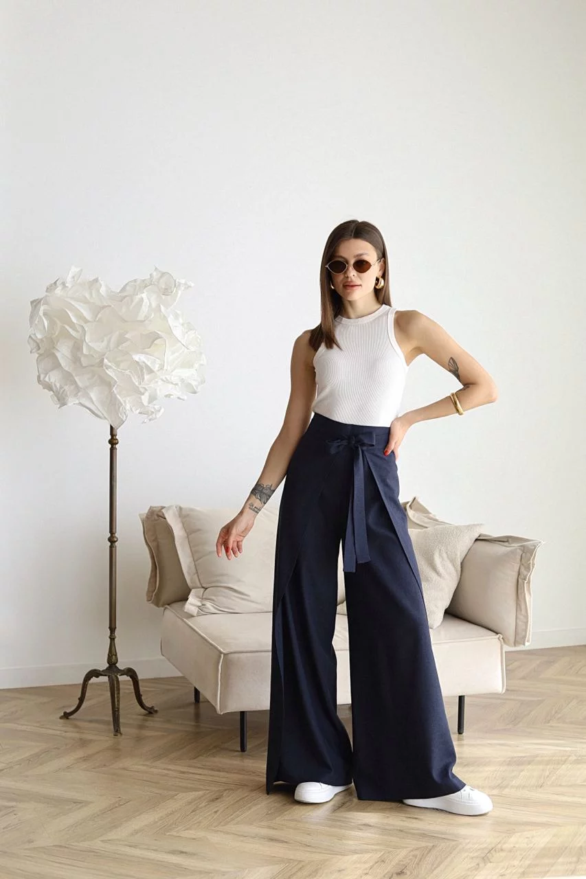 Pantalon en lin femme | Jambe large &amp; design portefeuille | Taille haute, confortable &amp; élégant pour quotidien &amp; occasions spéciales