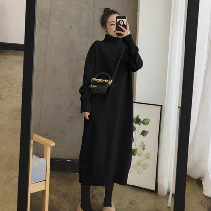 Damen Strickkleid mit hohem Kragen | Langes Winterkleid mit Rippdetails und weicher Strickstruktur für Alltag und besondere Anlässe