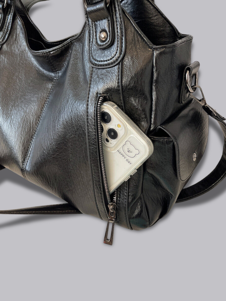 Damen Schultertasche | Große Umhängetasche aus veganem Kunstleder mit Reißverschluss und Laptopfach