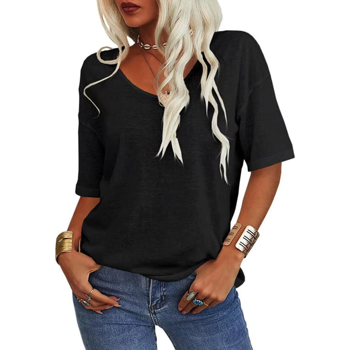 Damen V-Ausschnitt T-Shirt mit längeren Ärmeln | Lockerer Schnitt, blickdicht &amp; luftig | Sommer Shirt S–5XL